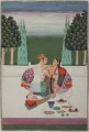 Folio d’un Nayaka Nayika bheda Un couple d’amoureux se déshabille partiellement en buvant du vin sur une terrasse du palais